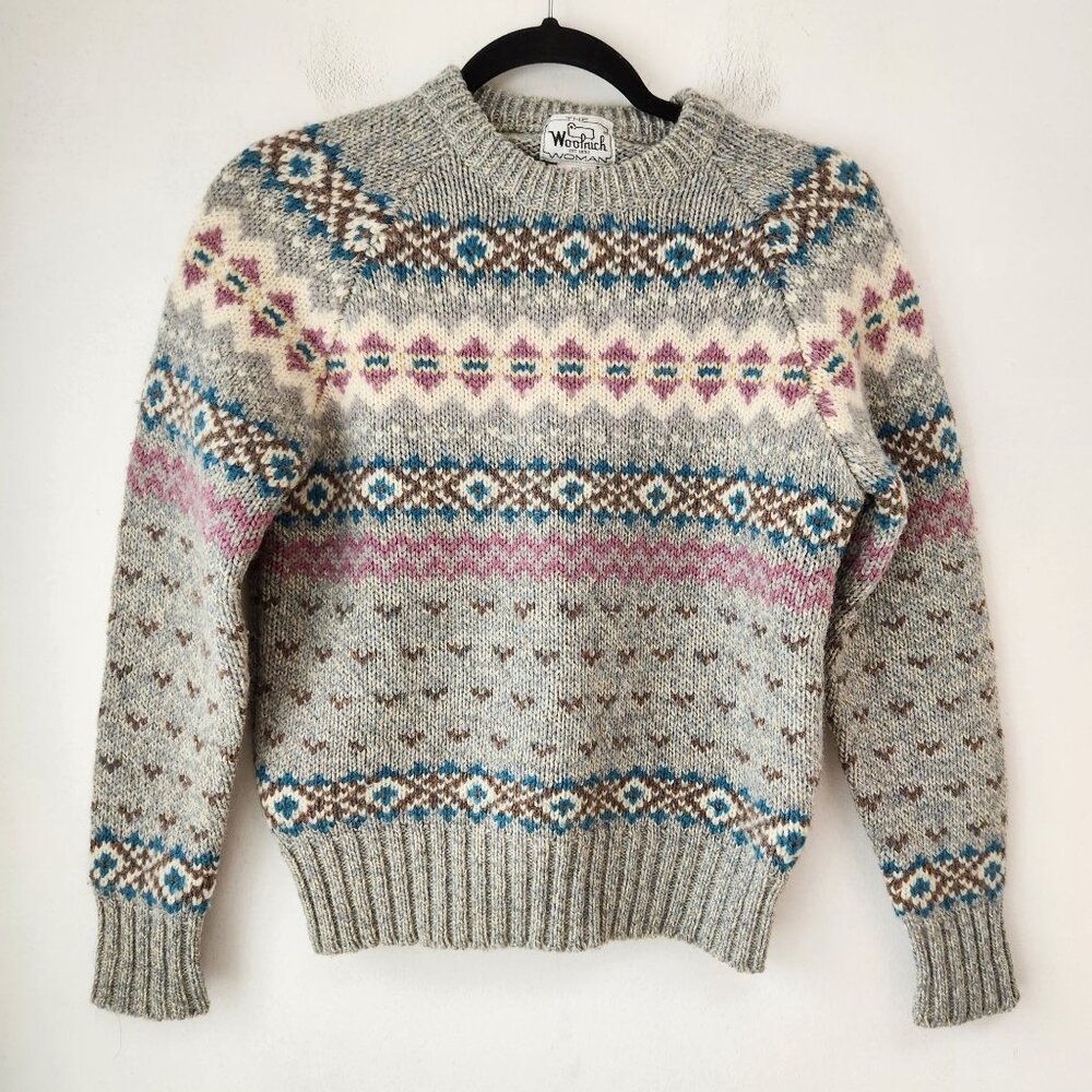 VTG Woolrich Fair Isle Wool Sweater British Grey Purple Knit Pullover Women's XS